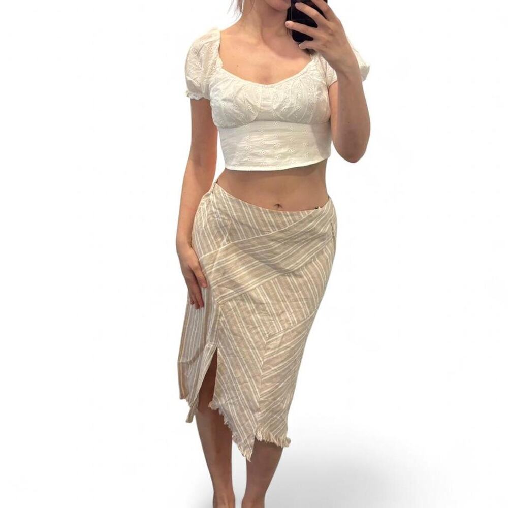 vintage y2k linen White & cream striped midi skirt, slits, raw hem, asymmetrical